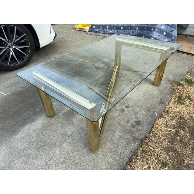 1970s Attributed to Karl Springer Hollywood Regency Style MCM Brass Tubular Coffee Glass Table For Sale - Image 11 of 18