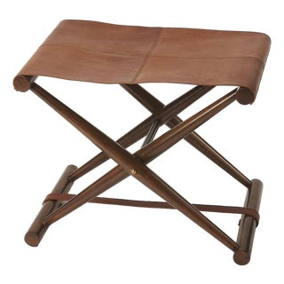 Sutton 23.5 in. W Rectangular Leather and Wood Folding Accent Stool, Brown For Sale