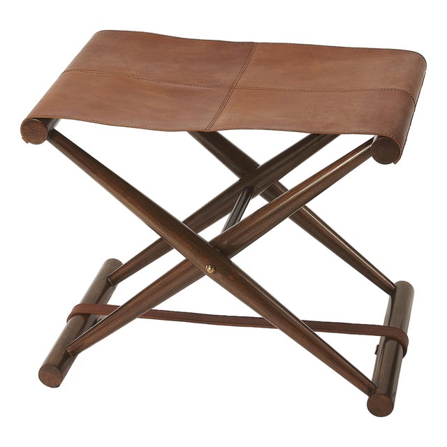 Sutton 23.5 in. W Rectangular Leather and Wood Folding Accent Stool, Brown For Sale