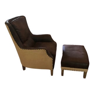Leather & Linen Club Chair & Ottoman For Sale
