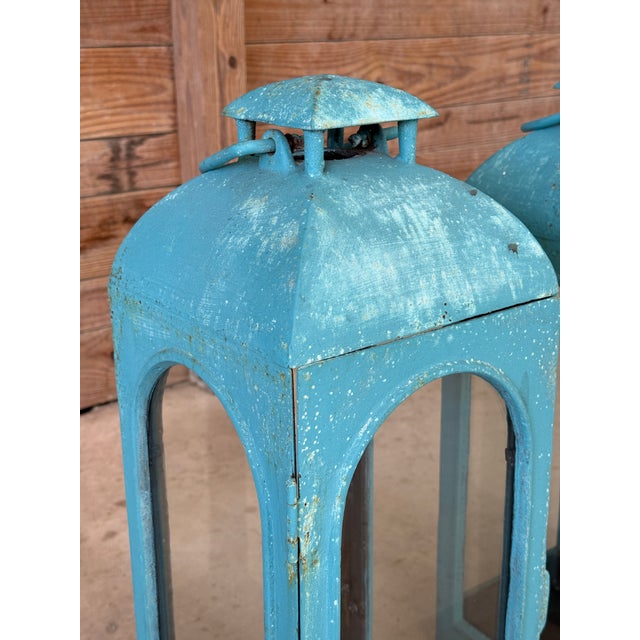 Farmhouse Vintage Coastal Monumental Cast Iron Lanterns With Distressed Turquoise Finish — Pair For Sale - Image 3 of 12