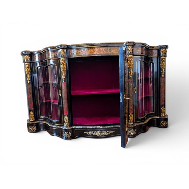 Black French Boulle-Style Sideboard in Wood with Brass and Glass, 1800s For Sale - Image 8 of 14