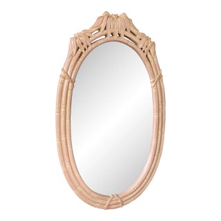 Vintage Coastal Faux Bamboo Pagoda Palmette Leaf Oval Mirror For Sale