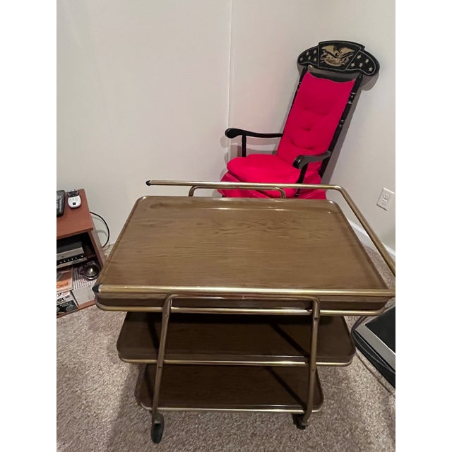 Mid-Century Modern Rare 1960s Cosco Convertible 3-Tier Rolling Bar Cart With 3 Removable Serving Trays - Brass & Faux Walnut For Sale - Image 3 of 5