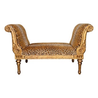Neoclassical Giltwood Bench With Rolled Arms and Leopard Print by Italmond For Sale
