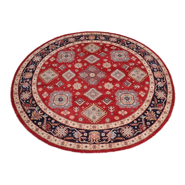 Southwestern Kazak Light Blue/Beige Wool Round Rug- 9'0''x9'0'' For Sale - Image 9 of 9