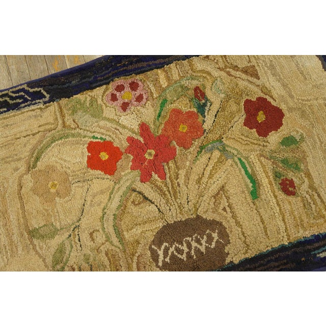 1890s Tan Camel Folk Art Rustic Antique American Hooked Rug 2'3" X 4'6" Hand Knotted Wool Carpet For Sale - Image 4 of 10