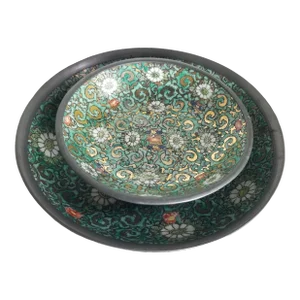 1970s Floral Green and Gold Pewter and Porcelain Bowls- Set of 2