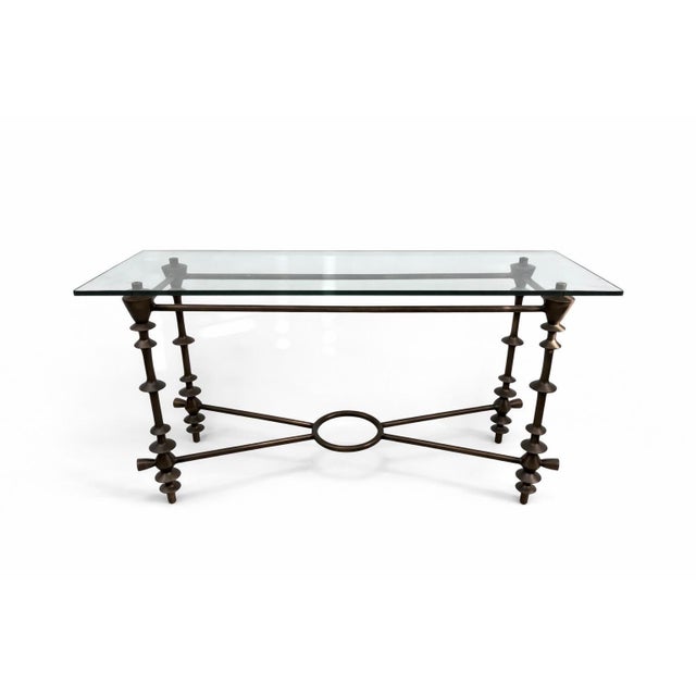 Giacometti-Style Patinated Bronzed and Glass Console Table For Sale - Image 6 of 10
