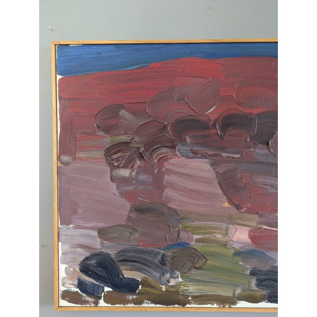 Textile Mid-Century Modern 'Crimson Horizons' Vintage Swedish Original Abstract Landscape Oil Painting, Framed For Sale - Image 7 of 9
