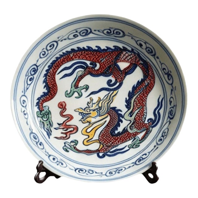 Chinese Ceramic Plate,Guangxu Marked Famille Rose Porcelain Plate Hand Painted Dragon Pattern For Sale