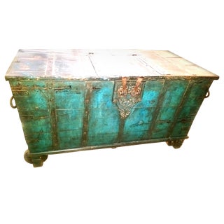 Vintage Turquoise Indian Trunk For Sale