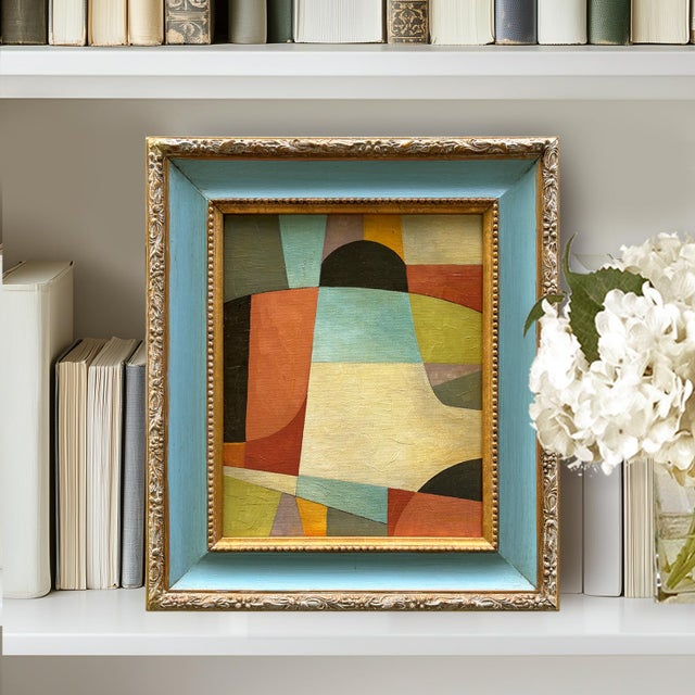 This is a new abstract color-block oil painting exploring colors and shapes. The oil painting is done on a hardboard...