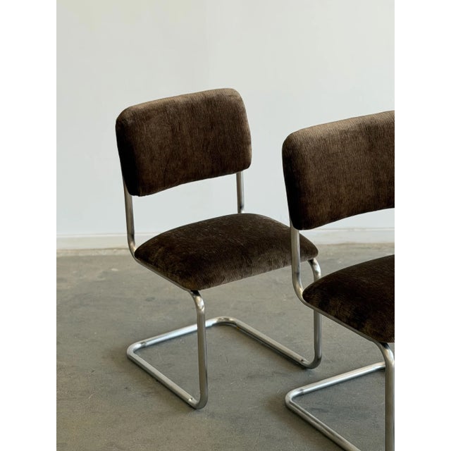 1970s Cantilever Dining Chairs in Brown Chenille - Set of 4 For Sale - Image 4 of 14