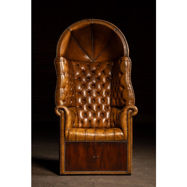 Traditional Antique Tufted Leather Porter’s Chair With Storage Base in Amber For Sale - Image 3 of 10