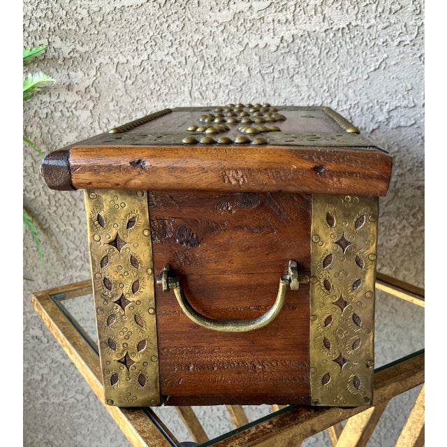 Mid 20th‑Century Spanish Colonial-Style Hand Hewn Walnut Wood & Brass Accent Box For Sale In Austin - Image 6 of 18