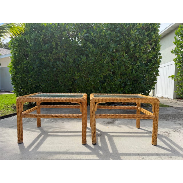 Wood Vintage Woven Rattan End Tables With Glass Tops, Pair For Sale - Image 7 of 12
