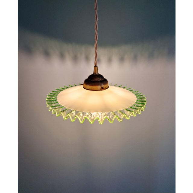 Art Deco Pendant Light in White Opaline Glass and Uranium Glass, France, 1920s For Sale - Image 3 of 12