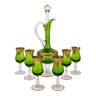 Vintage Emerald Green & Gold Gilt Glass Cordial Decanter Set With 6 Stemmed Glasses — 7 Pieces For Sale