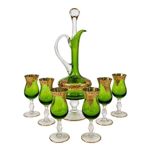 Vintage Emerald Green & Gold Gilt Glass Cordial Decanter Set With 6 Stemmed Glasses — 7 Pieces For Sale