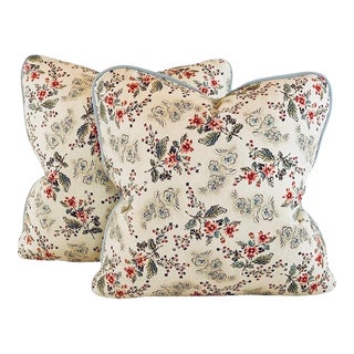 French General Aqua Brown Cream Gold Peach Pink Botanical Floral French Country Shabby Chic Vintage Pillow Covers- Pair For Sale