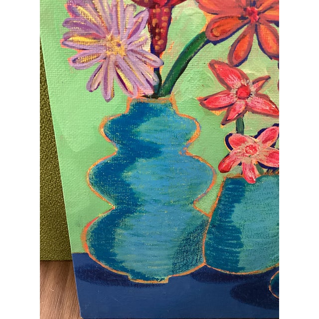 Abstract Floral Still Life Painting, Colorful Modern Vase Art, MCM Style, Original 8x8 Teal Blue For Sale - Image 4 of 8