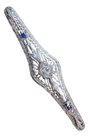 Estate Art Deco Diamond Sapphire & Ruby Platinum 4.2 Gm Pin / Broach VS Quality
