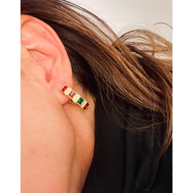 Mid-Century Modern 1980s Swarovski Multi Color Crystal Gold Hoops For Sale - Image 3 of 5