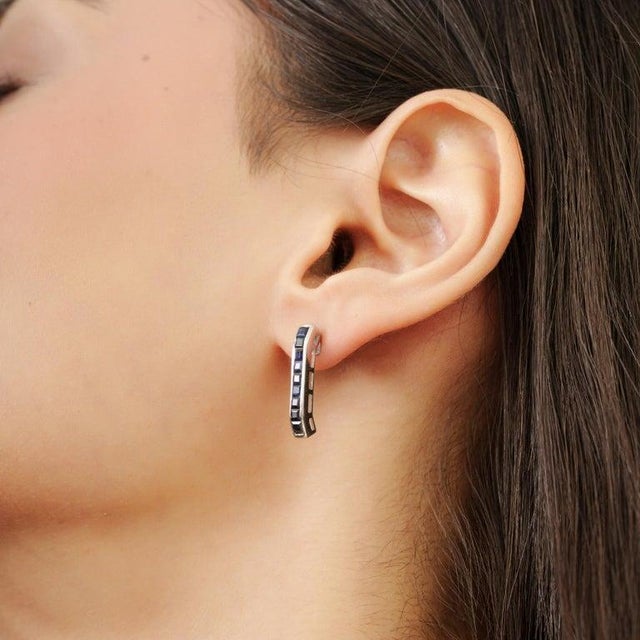 Blue Princess-Cut Blue Sapphire September Birthstone Bar Stud Earrings- 2 Pieces For Sale - Image 8 of 11