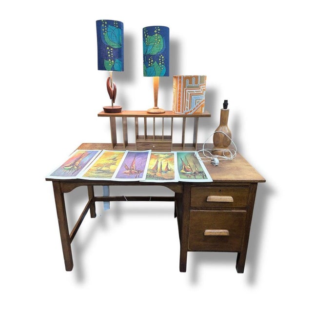 Vintage Oak School Desk with Drawers For Sale - Image 4 of 9