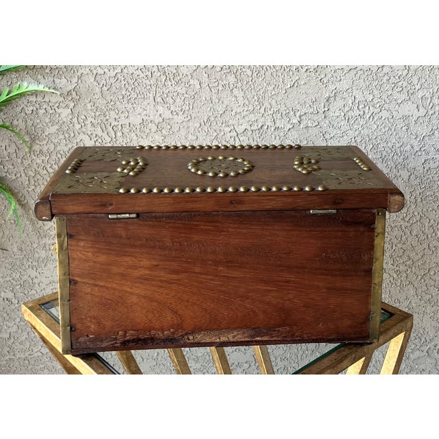 Mid 20th‑Century Spanish Colonial-Style Hand Hewn Walnut Wood & Brass Accent Box For Sale - Image 10 of 18