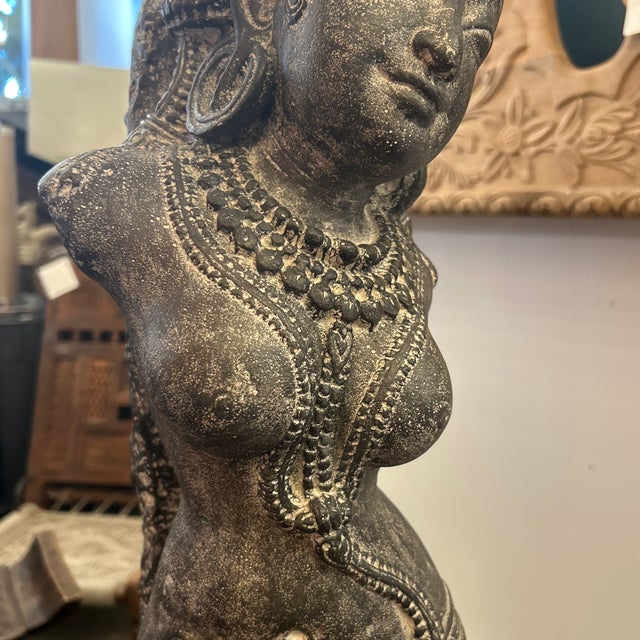 Asian 1970s Solid Stone Asian Deity Goddess Sculpture Mounted on Thick Mahogany Wood Block For Sale - Image 3 of 7