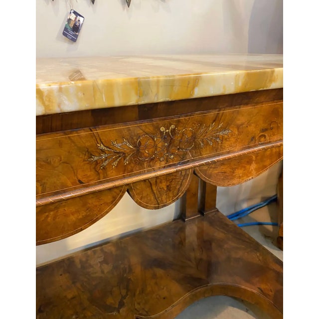 Pair of 19th Century Continental Inlaid Walnut Consoles With Yellow Onyx Tops For Sale - Image 12 of 15