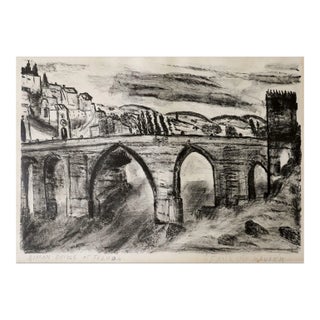 Vintage Mid Century Roman Bridge Toledo Spain Lithograph For Sale