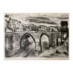 Vintage Mid Century Roman Bridge Toledo Spain Lithograph