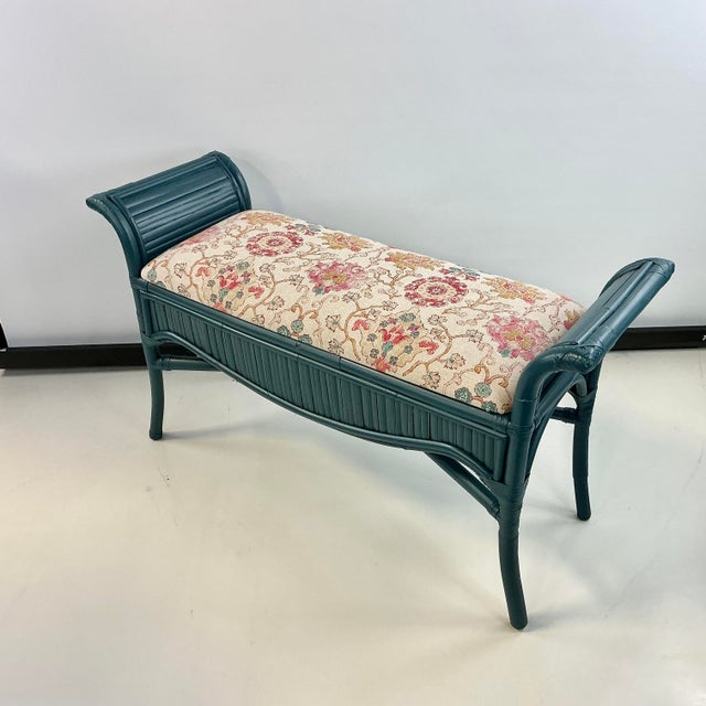 Mid-Century Boho Chic Coastal Bamboo Bench - Newly Upholstered in Ikat Linen For Sale - Image 10 of 18