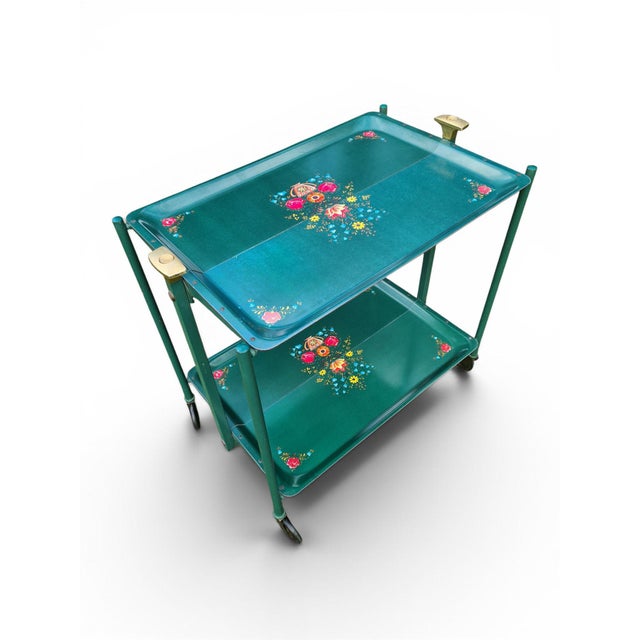 Folding Green Trolley with Floral Decor, 1960s-1970s For Sale - Image 10 of 12
