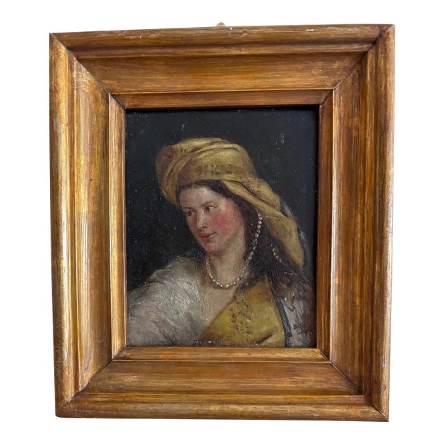 18th Century Dutch School Miniature Portrait Oil on Panel – Tronie Inspired by Vermeer, Young Woman With Turban and Pearls. For Sale