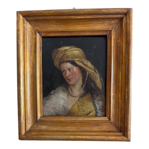 18th Century Dutch School Miniature Portrait Oil on Panel – Tronie Inspired by Vermeer, Young Woman With Turban and Pearls.