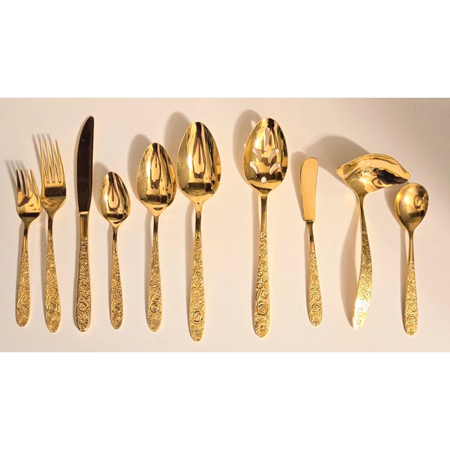 Mid-Century Hollywood Regency Gold Floral Flatware- Set of 72 For Sale - Image 10 of 18