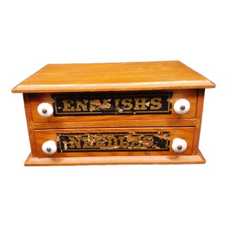 English's Needles Antique Miniature Tabletop Oak & Pine Spool Cabinet For Sale