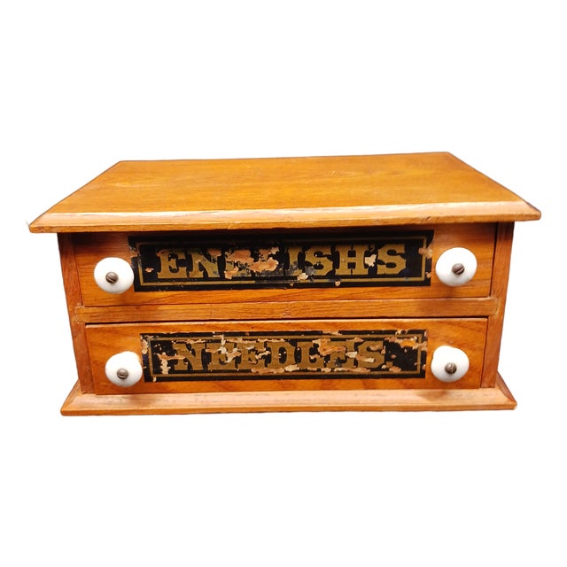 English's Needles Antique Miniature Tabletop Oak & Pine Spool Cabinet For Sale