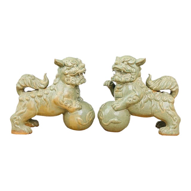 Pair of Antique Celadon Glazed Guardian Lions – 9.8" Foo Dogs With Brocade Balls For Sale