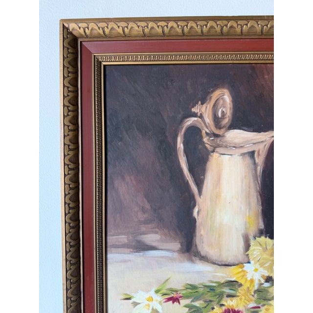 1980s Vintage Floral & Pitcher Still Life Oil Painting on Masonite - Framed For Sale - Image 5 of 13
