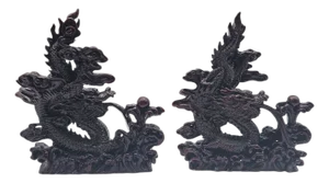 Pair of Vintage Chinese Red Resin Dragon Statues With Wood Look Finish and Feng Shui Motif