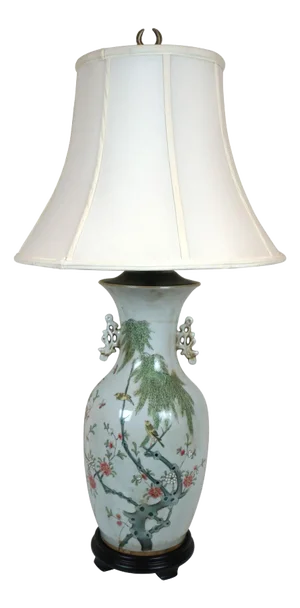 Vintage Chinoiserie Famille Verte Porcelain Footed Vase Table Lamp Birds