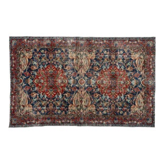 Antique Distressed Persian Tabriz-Style Navy & Red Floral Rug For Sale
