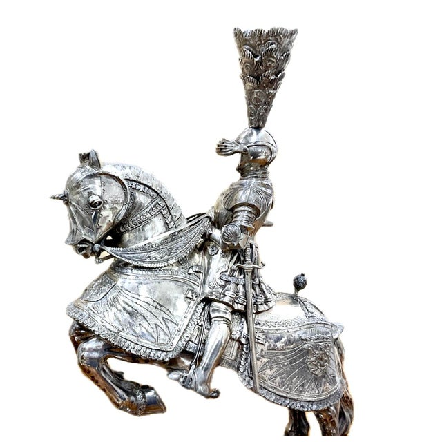 Traditional German Silver Jousting Knights on Horseback Sculptures a Pair For Sale - Image 3 of 13