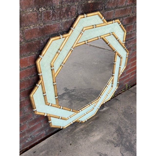 Chinoiserie 1980s Palm Beach Regency Octagonal Parcel Gilt Newly Painted Pistachio Green Faux Bamboo Wall Mirror For Sale - Image 3 of 12