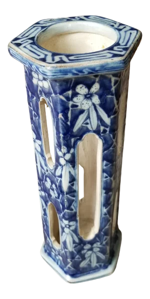 Antique Blue and White Hexagon Shaped Japanese Hat or Wig Stand